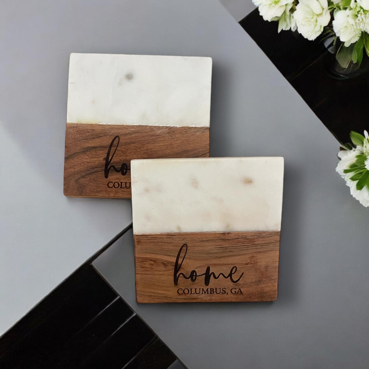 Custom Marble & Acacia Wood Engraved Coaster Set