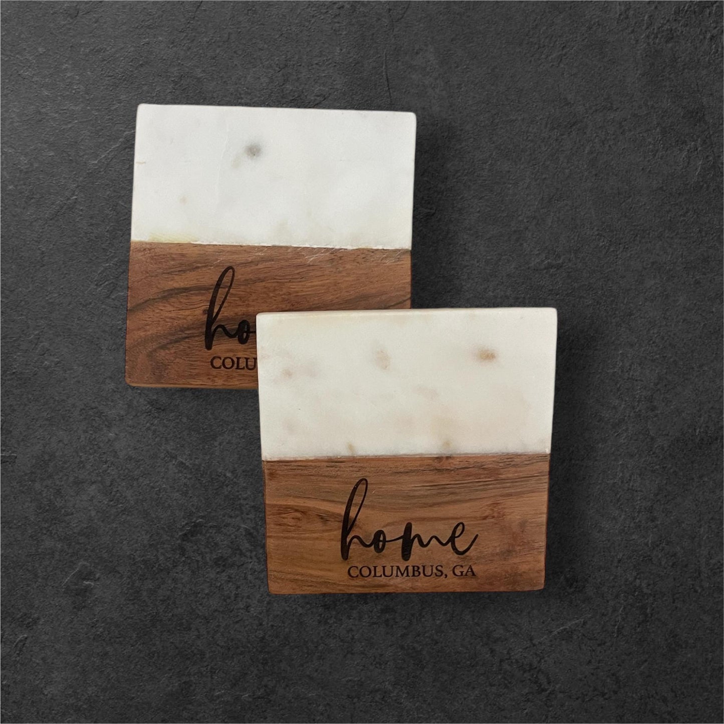 Custom Marble & Acacia Wood Engraved Coaster Set