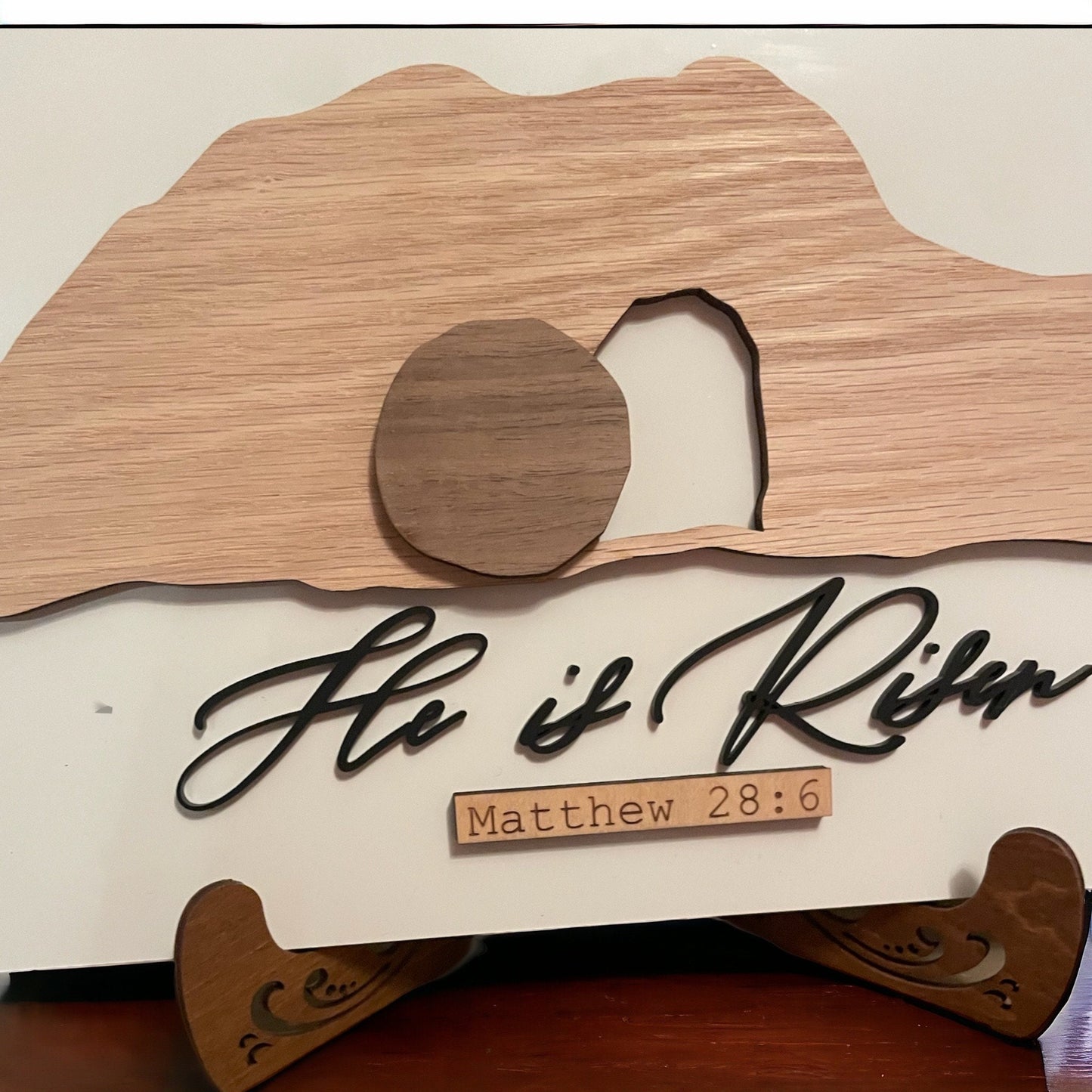 Arte de madera de Pascua, decoración del hogar en 3D, decoración de estantes de temporada, decoración de Él ha resucitado, tumba vacía, obra de arte cristiano, decoración de Pascua