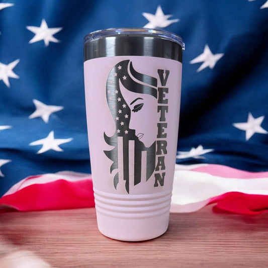 Female Veteran Engraved Tumbler – Patriotic Drinkware with Silhouette Design