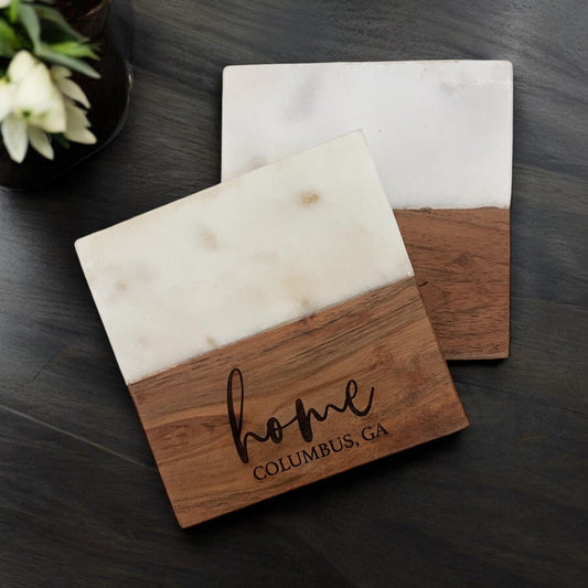 Posavasos de mármol y madera de acacia, regalo personalizado para inauguración de la casa, regalo para compradores de primera vivienda de un agente inmobiliario, regalo para parejas nuevas, regalo de boda