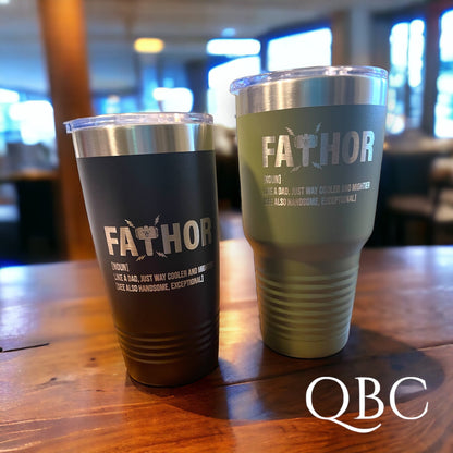 Personalized “Fathor” Engraved Tumbler – Superhero Dad Gift | Custom Stainless Steel Drinkware for Father’s Day