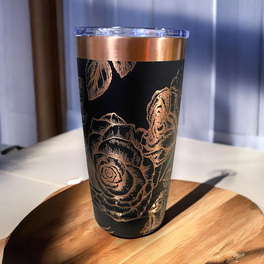 Engraved Rose Stainless Steel Tumbler – Elegant Floral Drinkware