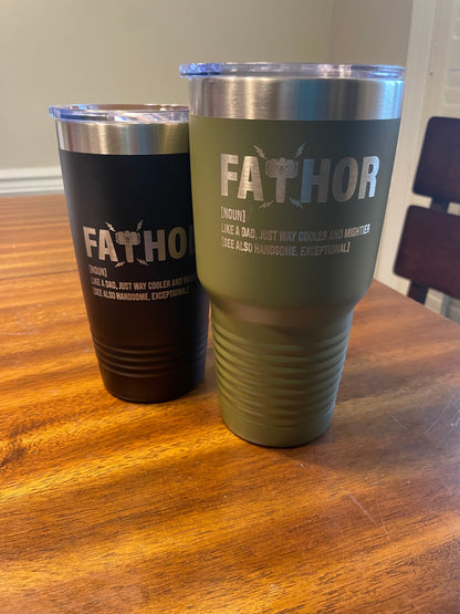 Personalized “Fathor” Engraved Tumbler – Superhero Dad Gift | Custom Stainless Steel Drinkware for Father’s Day