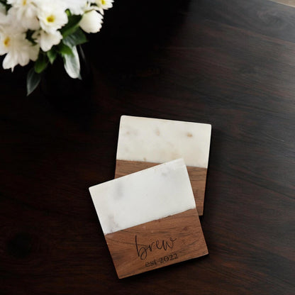 Custom Marble & Acacia Wood Engraved Coaster Set
